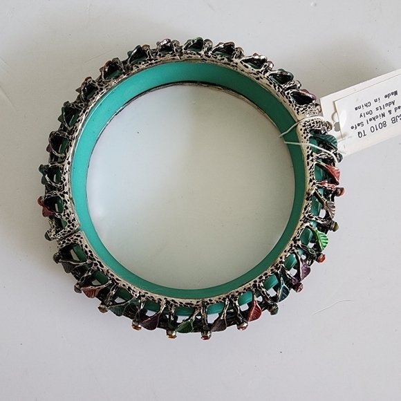 NWT Turquoise Antique Metal Leaf Crystal Tube Beaded Bangle Bracelet - Picture 6 of 8